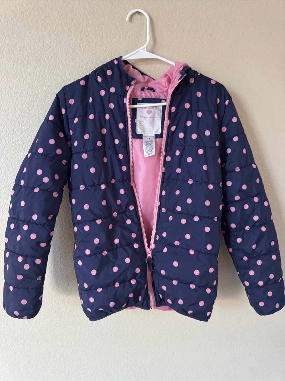 Carter's Navy Puffer Jacket with Pink Polka Dots and Hood